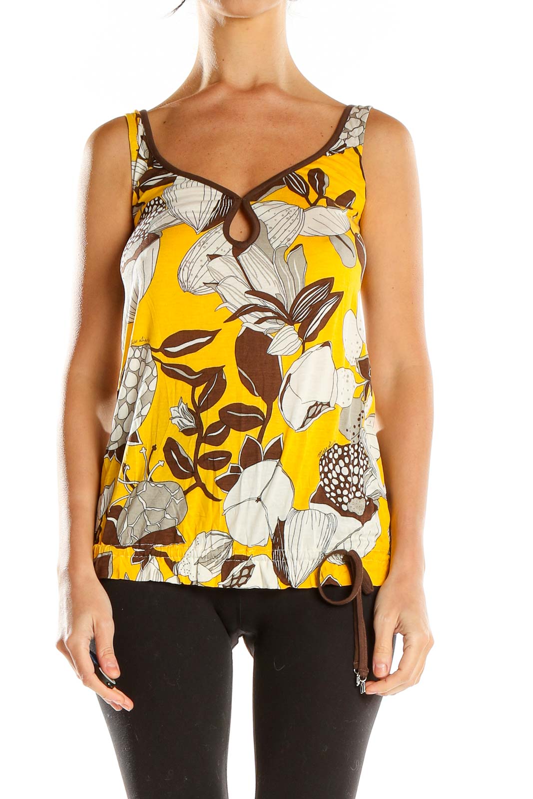 Yellow Brown Floral Print Retro Tank Top Front