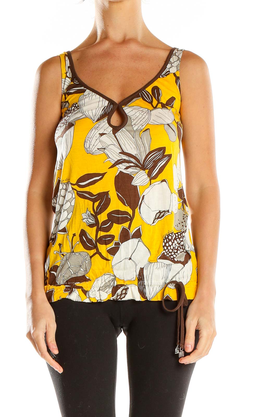 Yellow Brown Floral Print Retro Tank Top Front