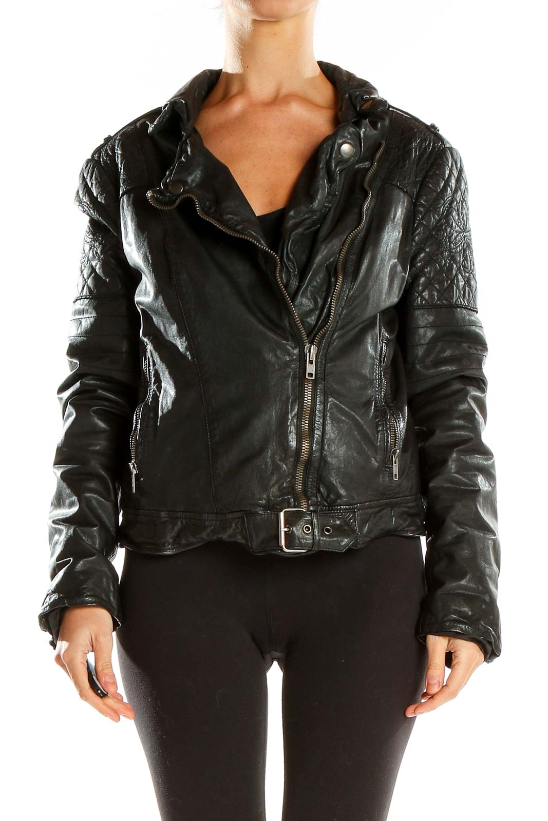 Black Embossed Leather Jacket Front