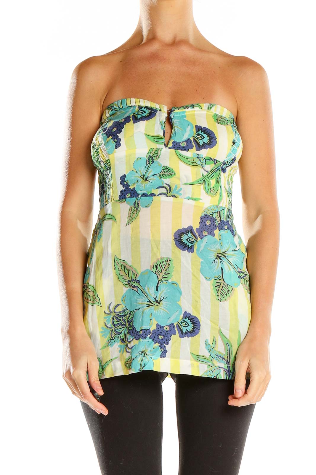Green Yellow Striped Floral Print Vintage Strapless Top Front