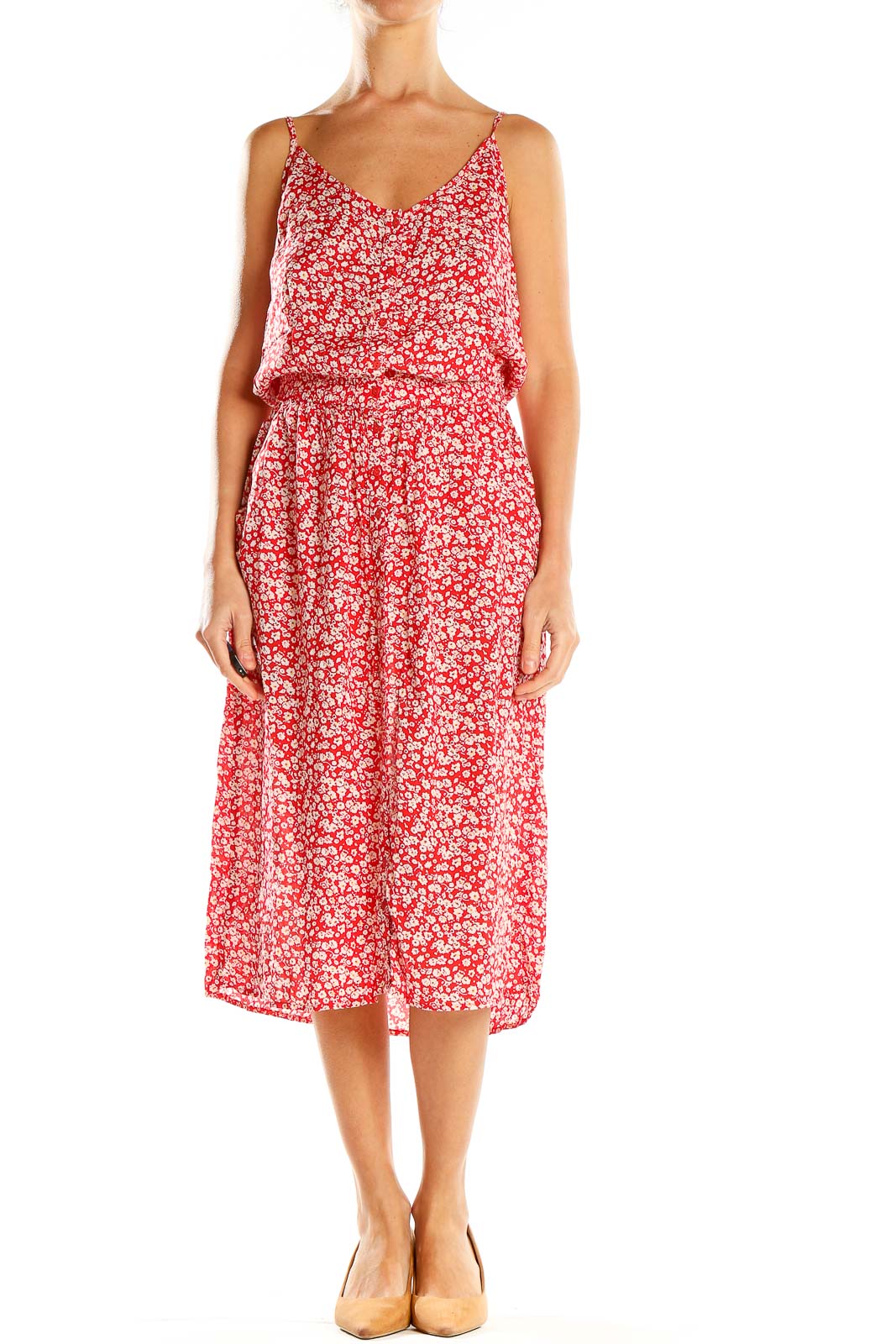 Red Floral Print Chic Midi Dress Front