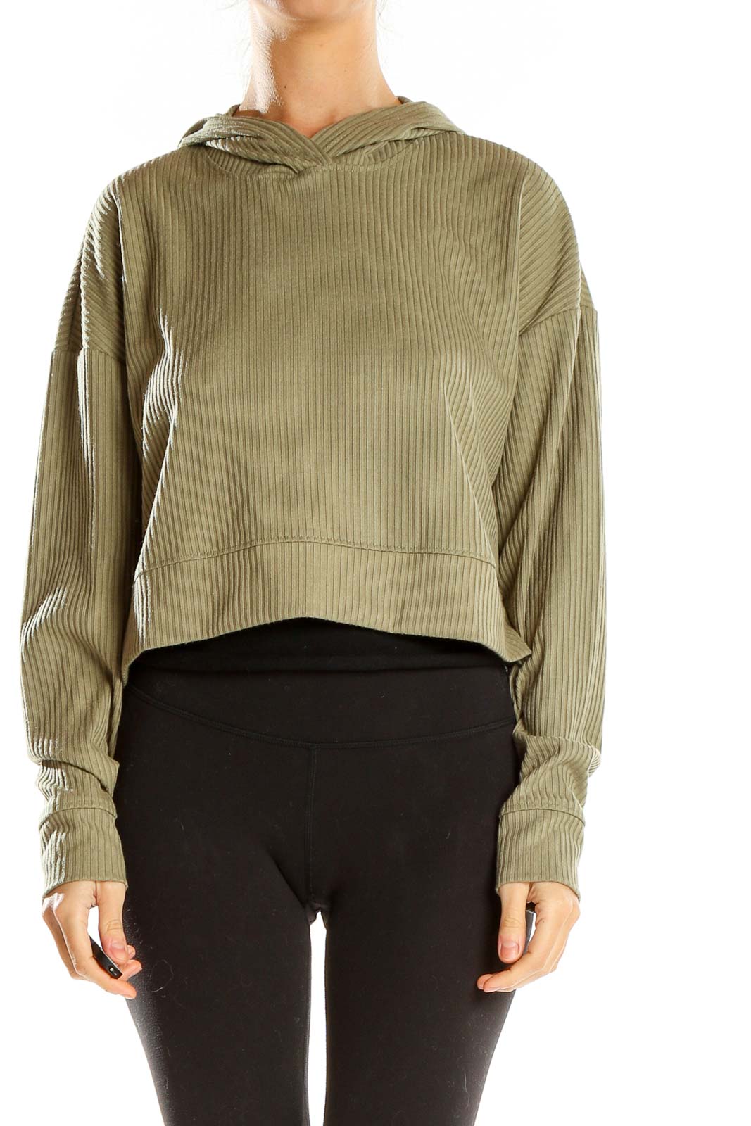Green Ribbed Cropped Sweatshirt Front