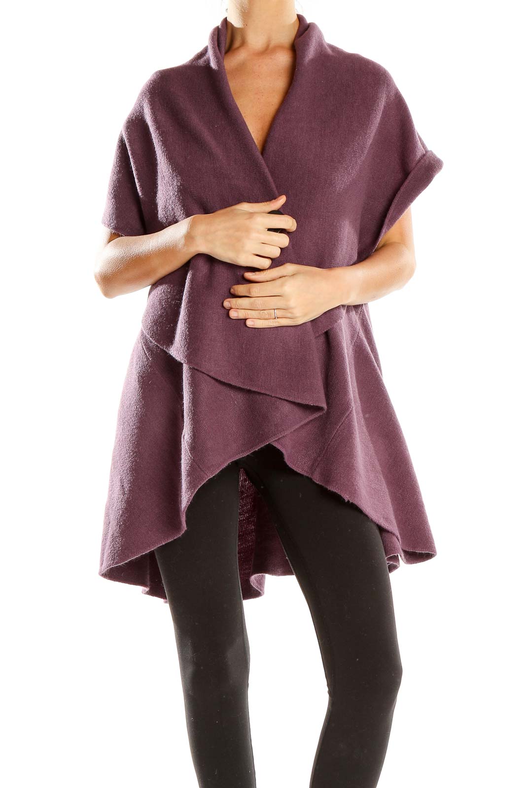 Purple Short-Sleeve Throw-Over Sweater Front