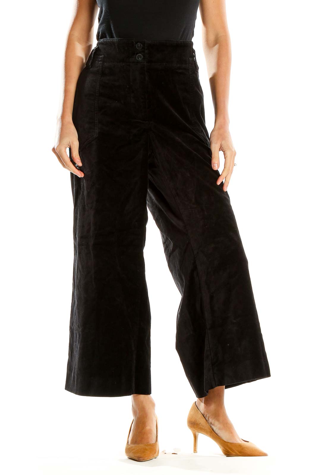 Black Textured Wide Leg Trousers Front