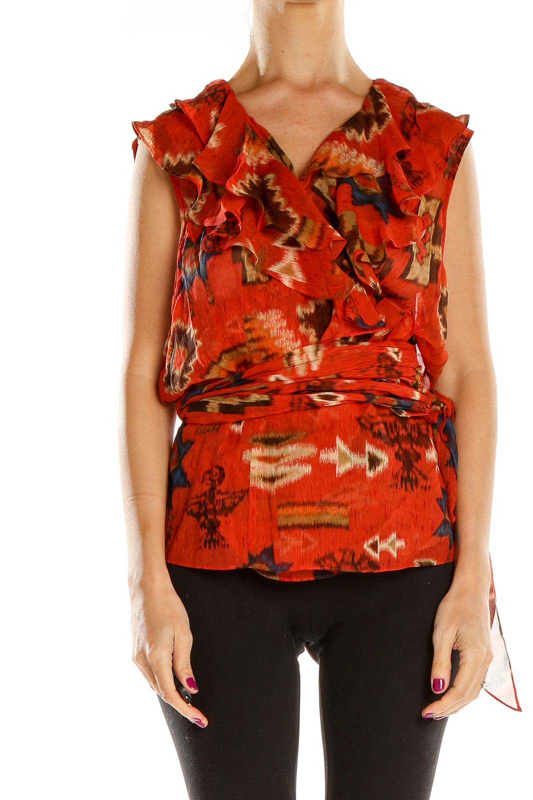 Red Printed Silk Blouse Front