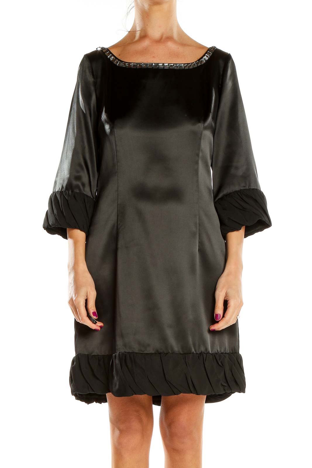 Black Bedazzled Neckline Retro Shift Dress Front