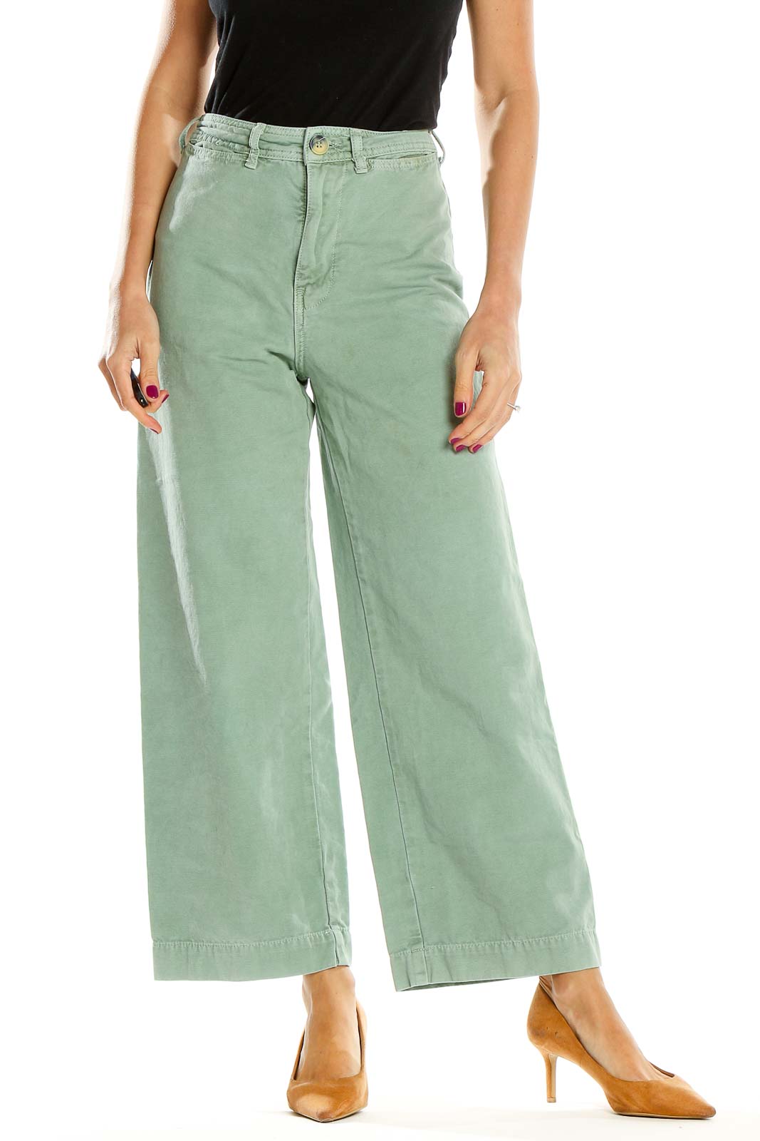 Green High Waisted Wide Leg Jeans Front