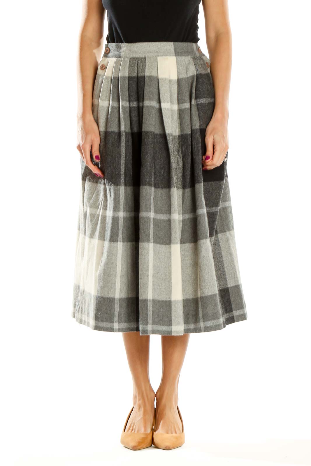 Gray Checkered Retro Flared Skirt Front