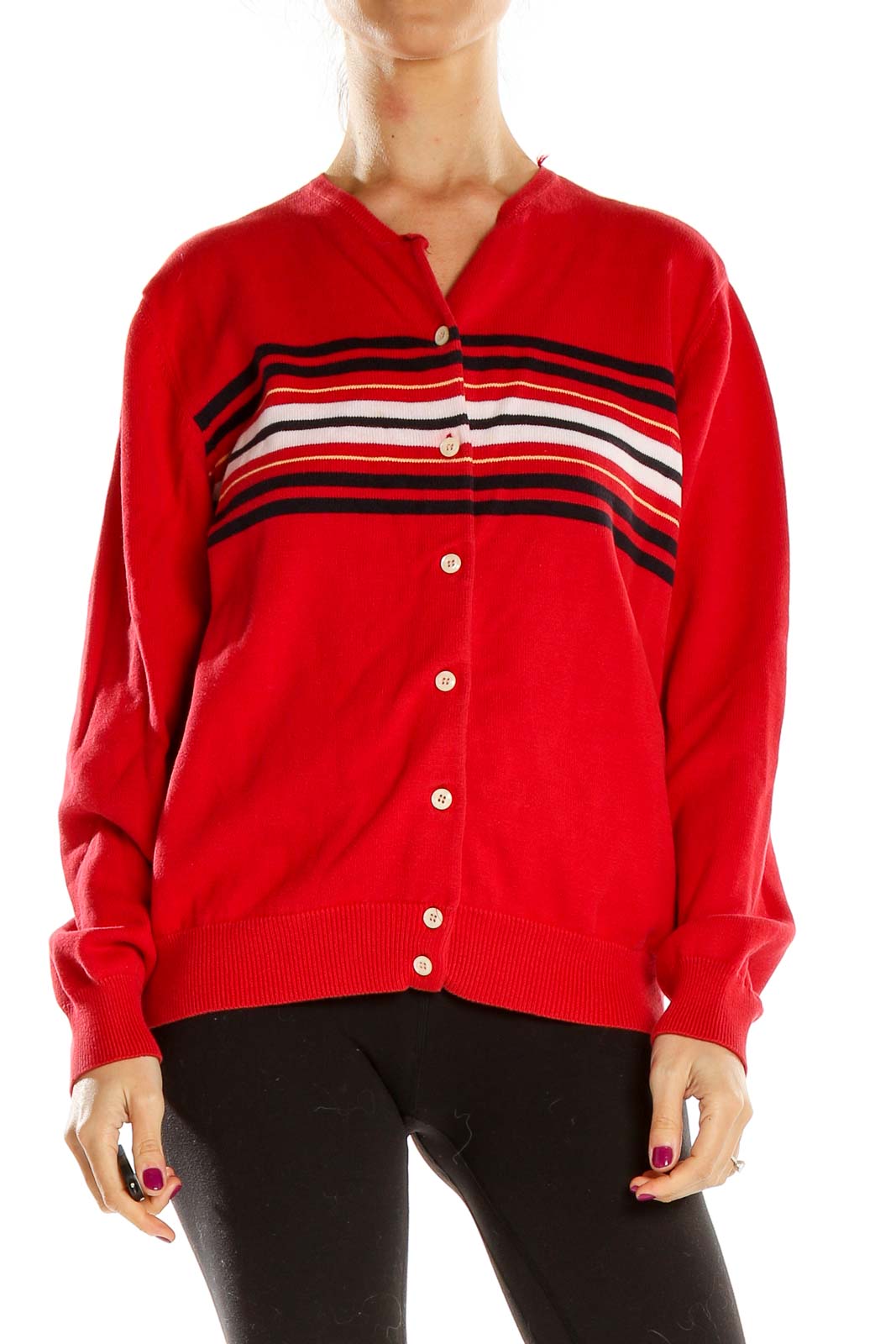 Red Striped Cardigan Front