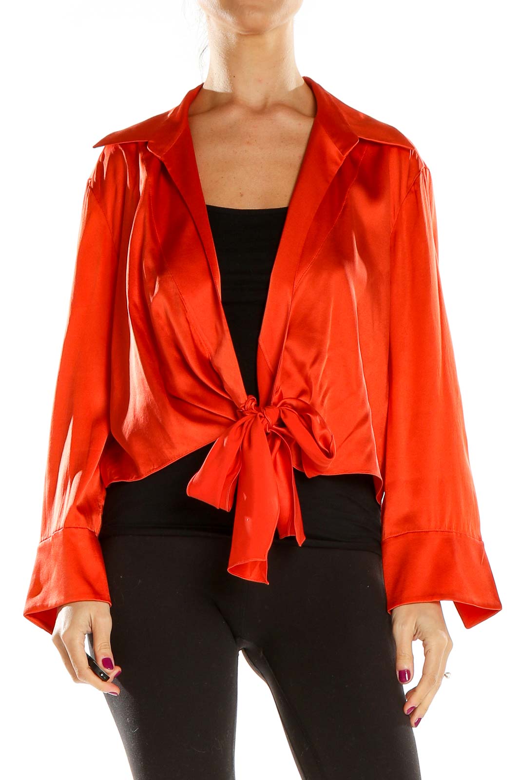 Red Front Tie Silk Blouse Front