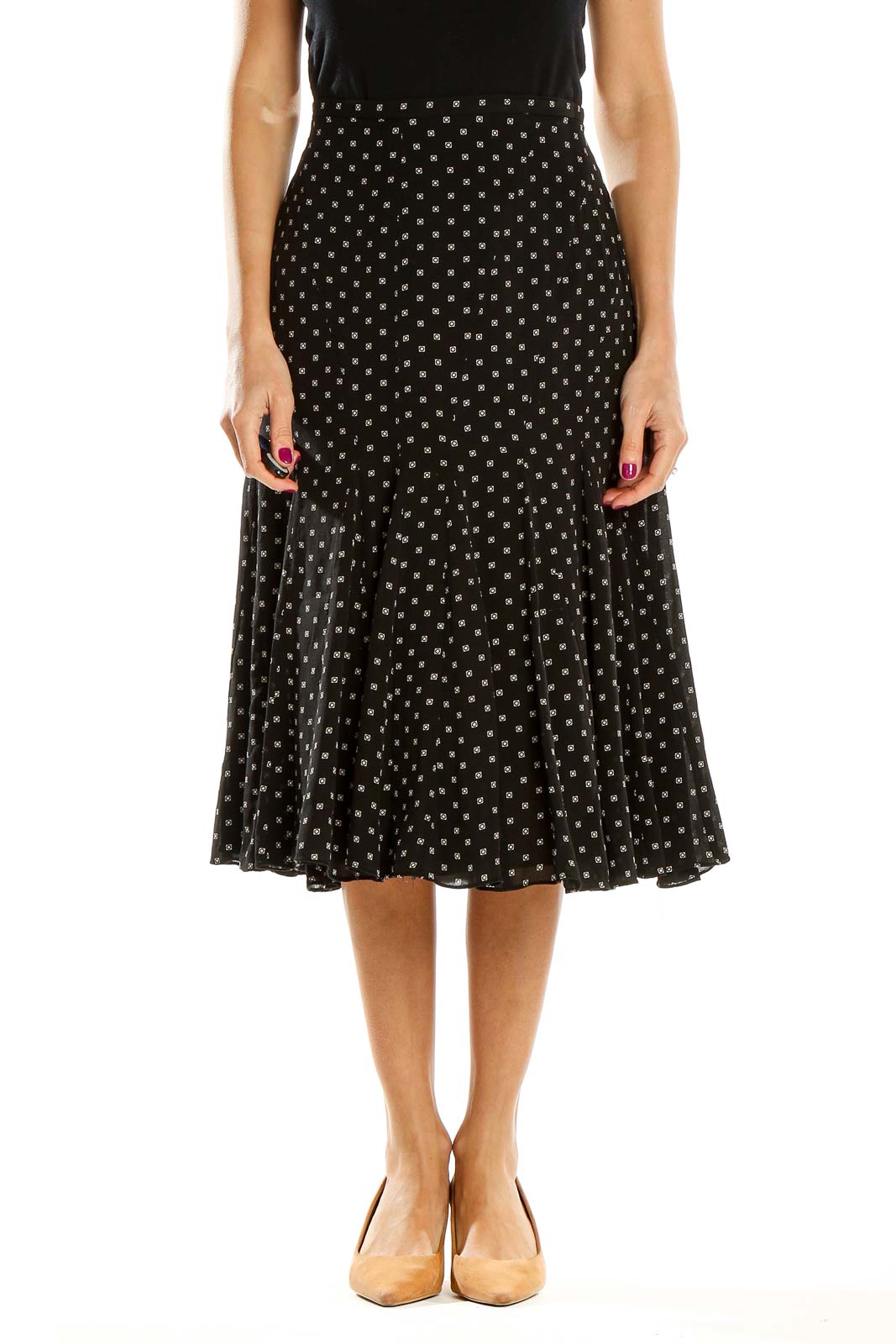 Black Printed Flared Skirt Front