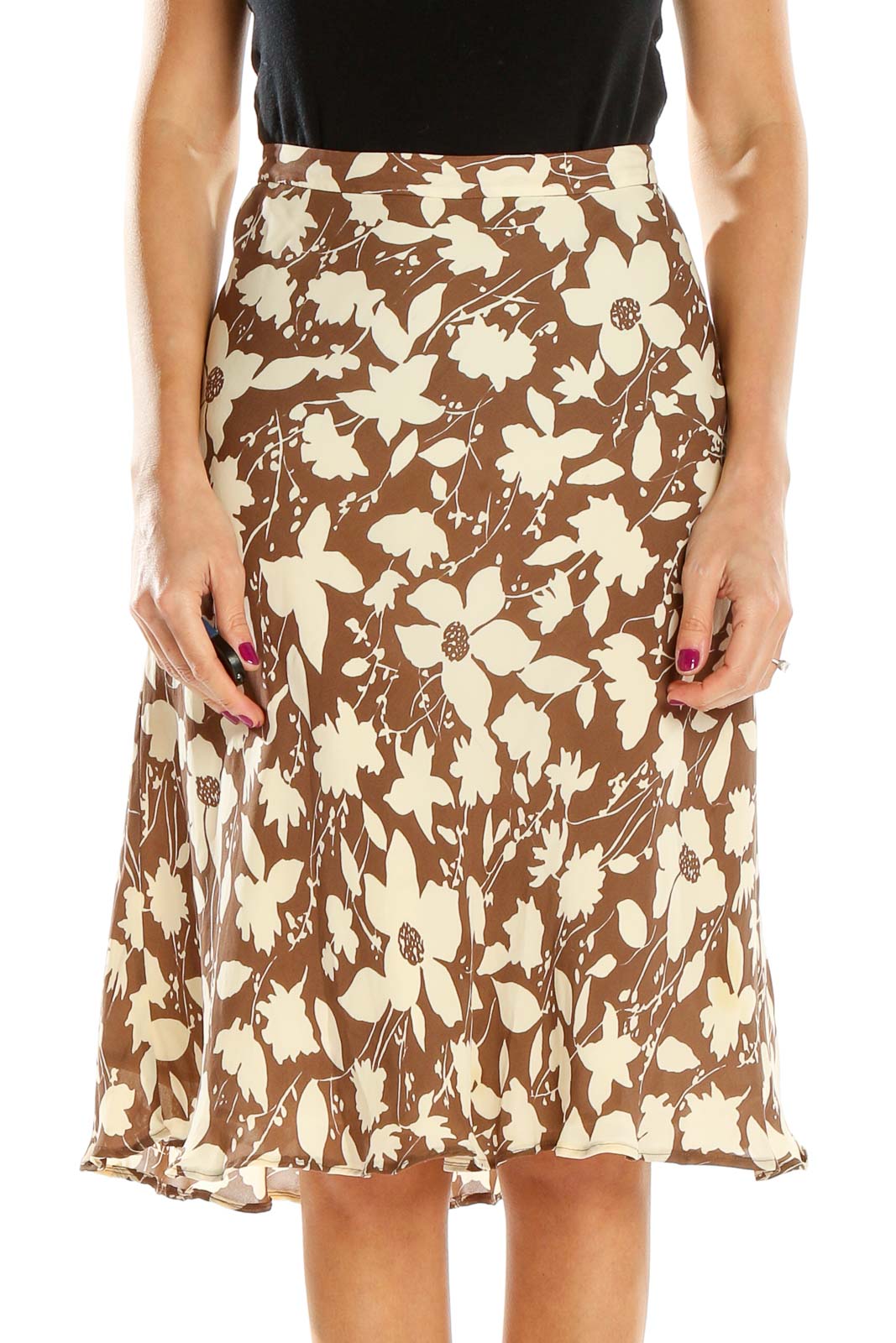 Brown Printed Silk A-Line Skirt Front