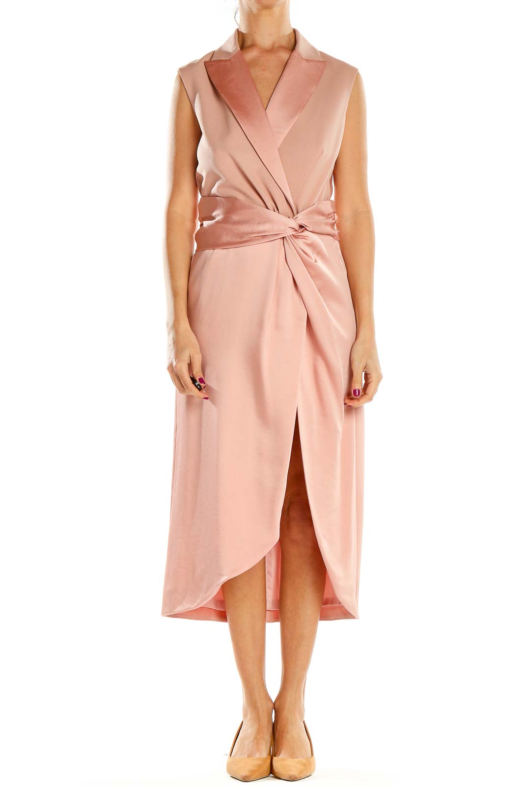 Pink Lapel Structured Midi Dress Front