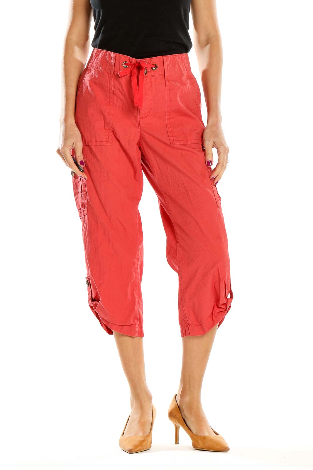 Red Casual Cropped Cargo Pants Front