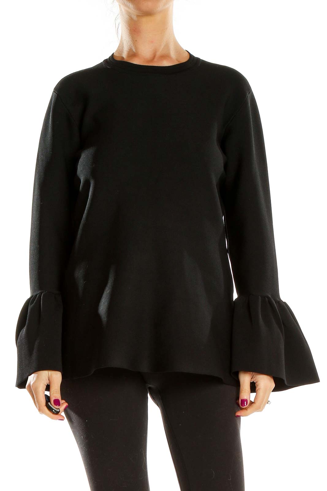 Black Structured Puff Sleeve Chic Top Front