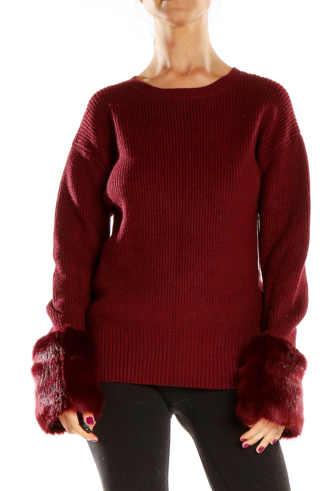 Red Faux-Fur Cuff Sweater Front