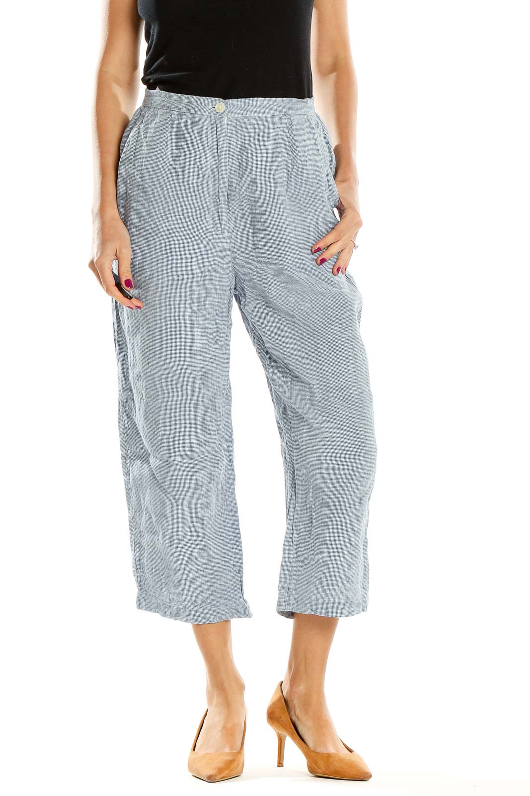 Blue Cropped Casual Linen Pants Front