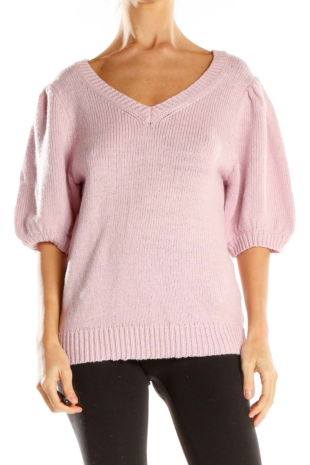 Pink Puff Sleeve Sweater Front
