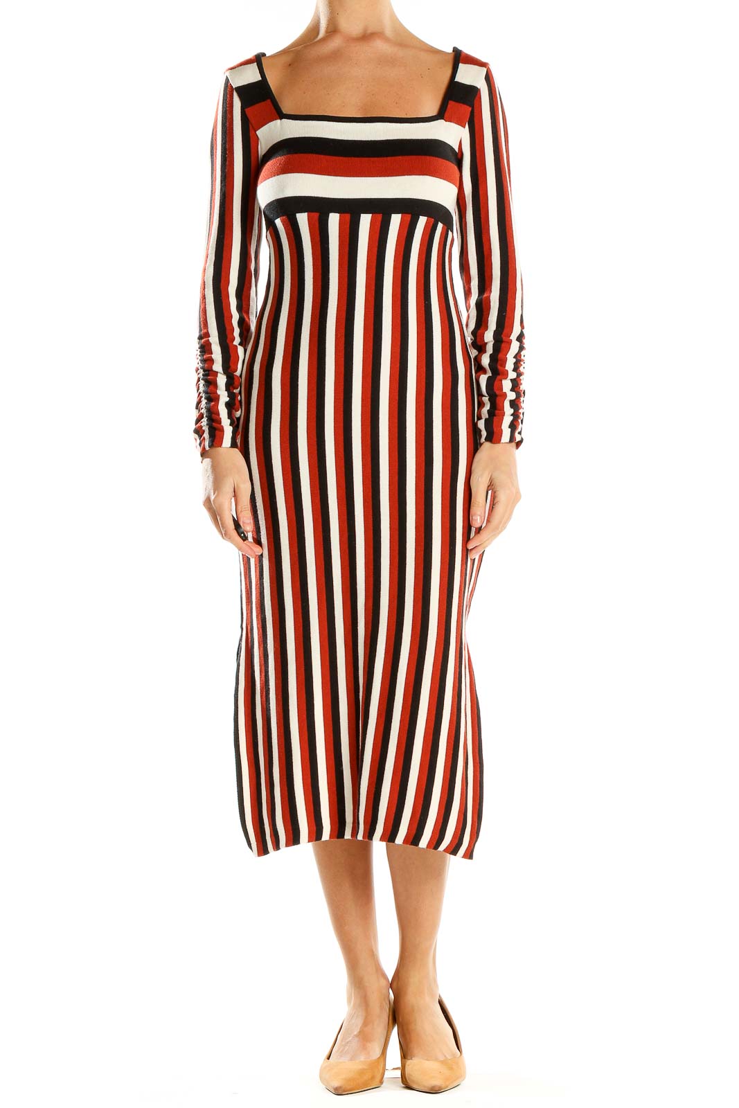 Multicolor Striped Woven Midi Dress Front
