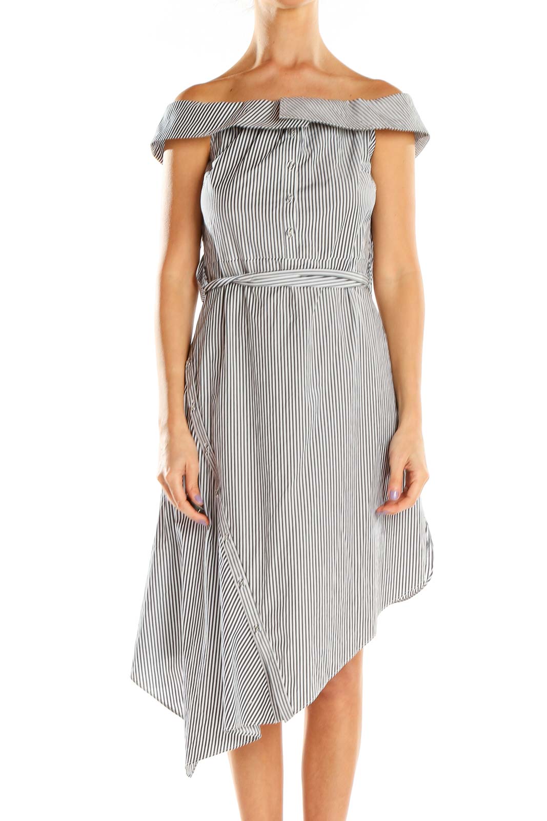 Gray Striped Off The Shoulder Asymmetrical Dress Front