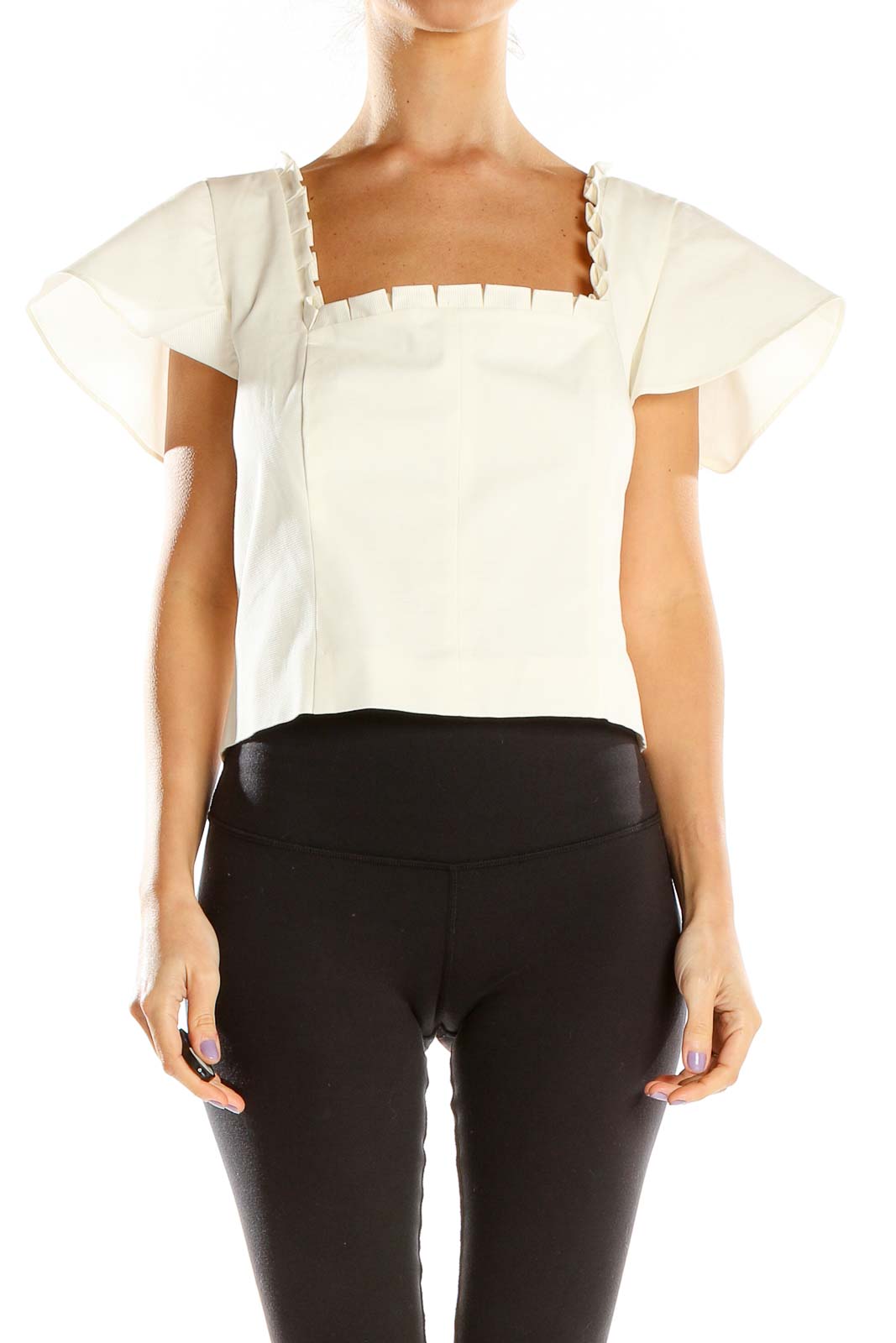 White Square Neck Flare Sleeve Blouse Front