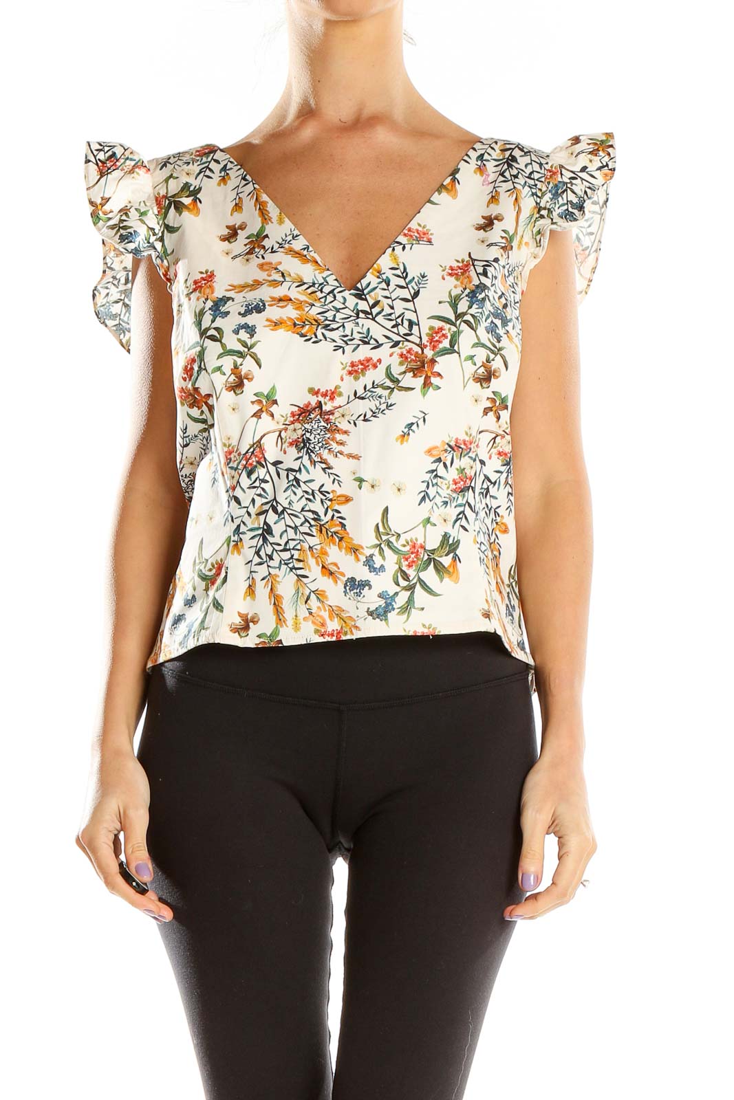 White Floral Print Blouse Front