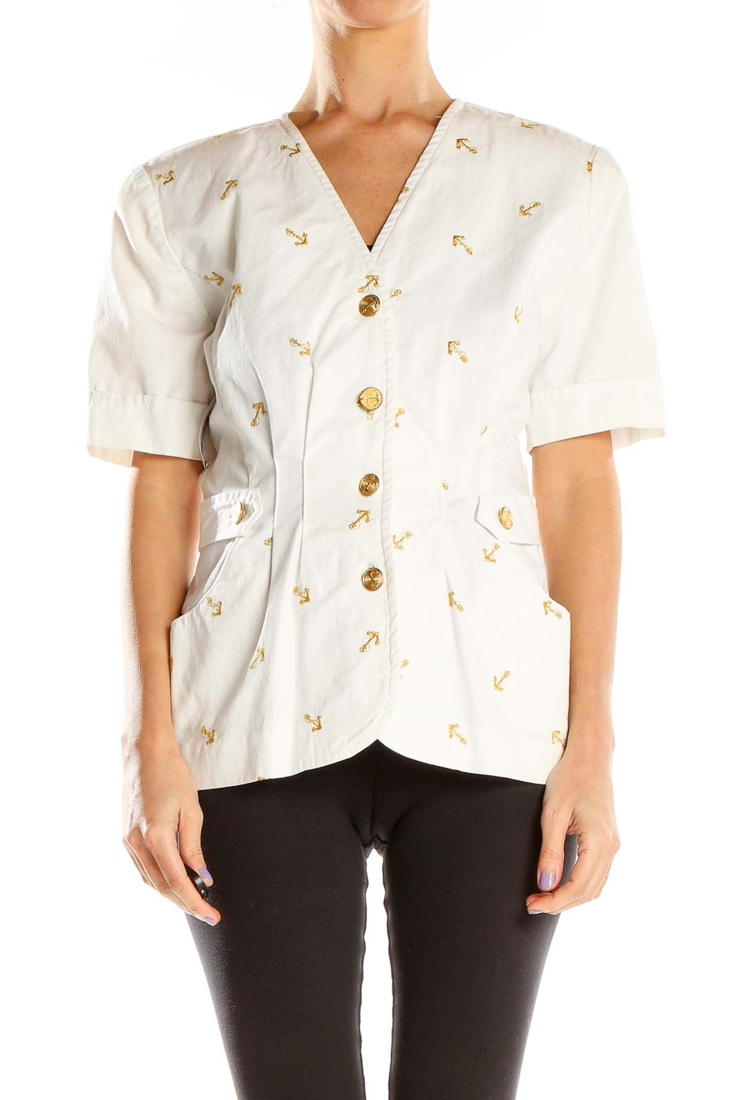 White Vintage Gold Embroidered Top Front
