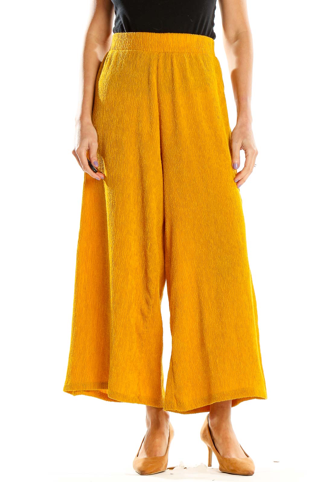 Yellow Textured Culottes Pants Front