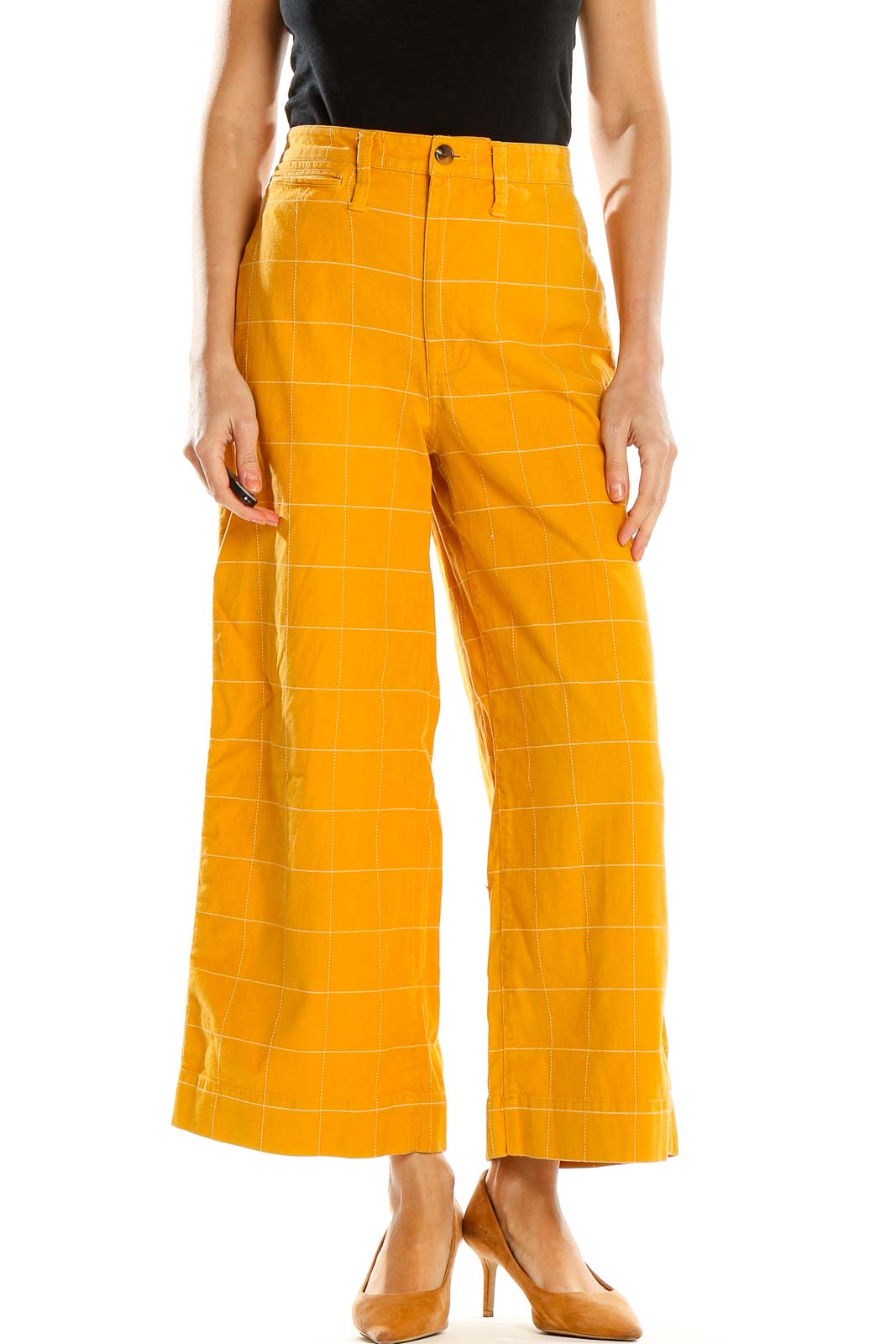 Yellow Checkered Wide Leg Pants Front