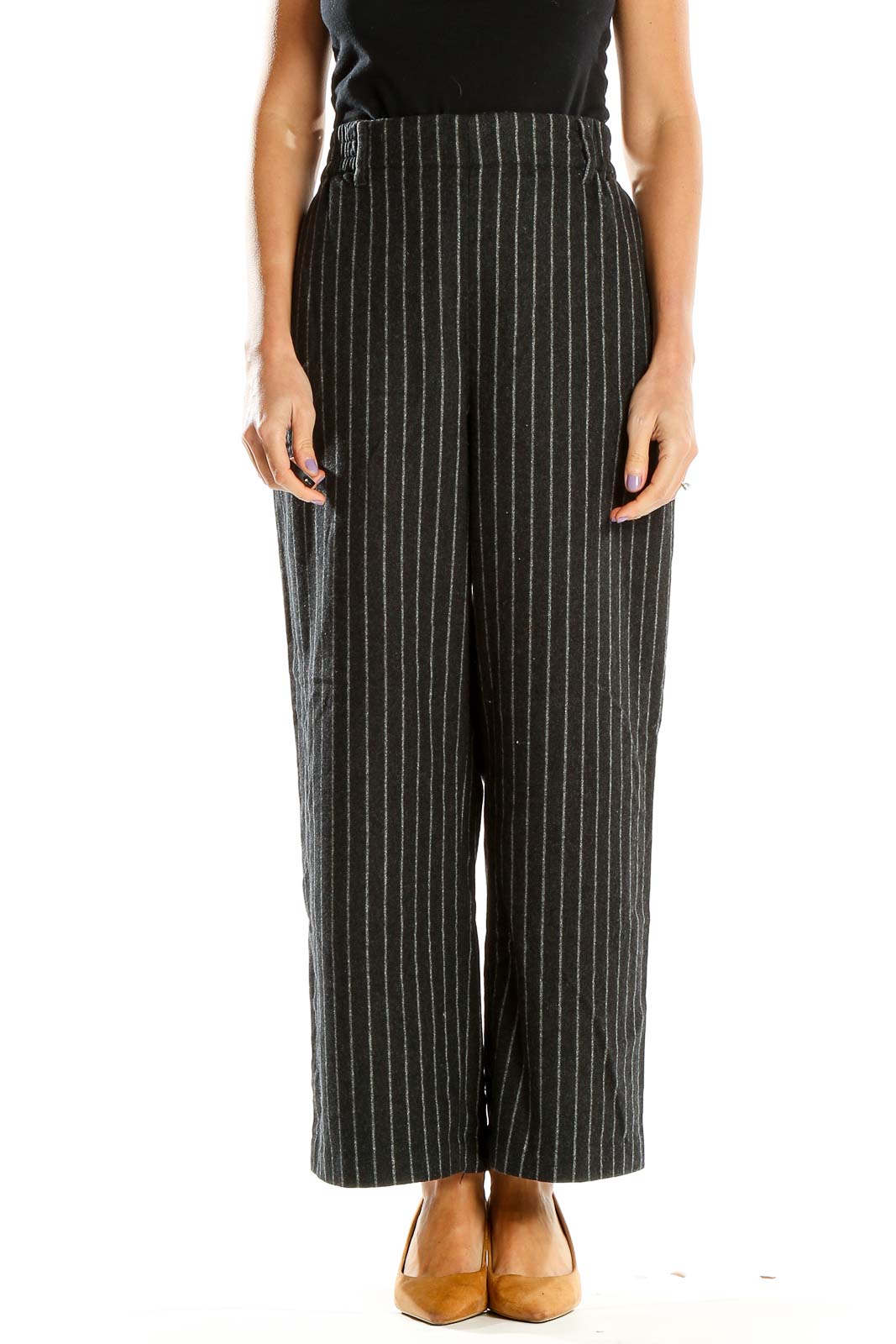 Gray Pinstripe Woven Trousers Front