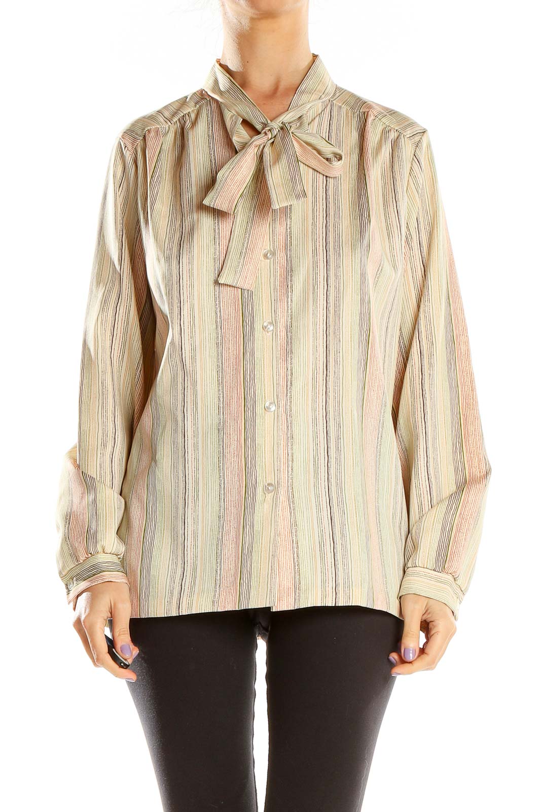 Multicolor Vintage Striped Button Up Shirt With Neck Tie Front