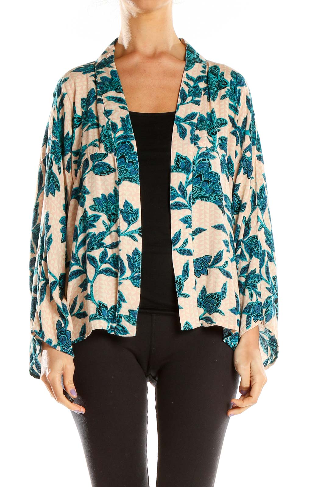 Blue Pink Printed Cardigan Front