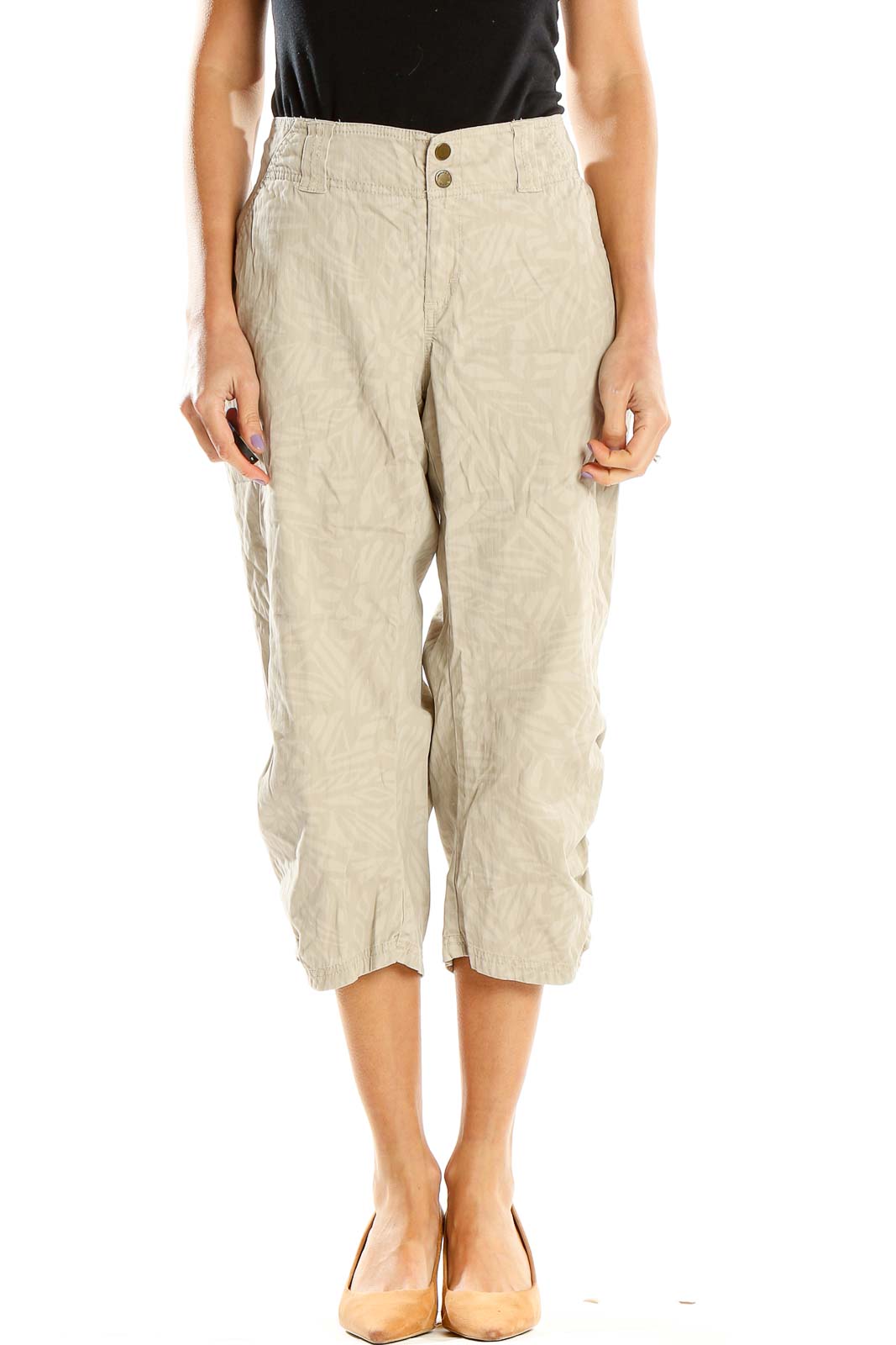 Beige Printed Casual Cropped Pants Front