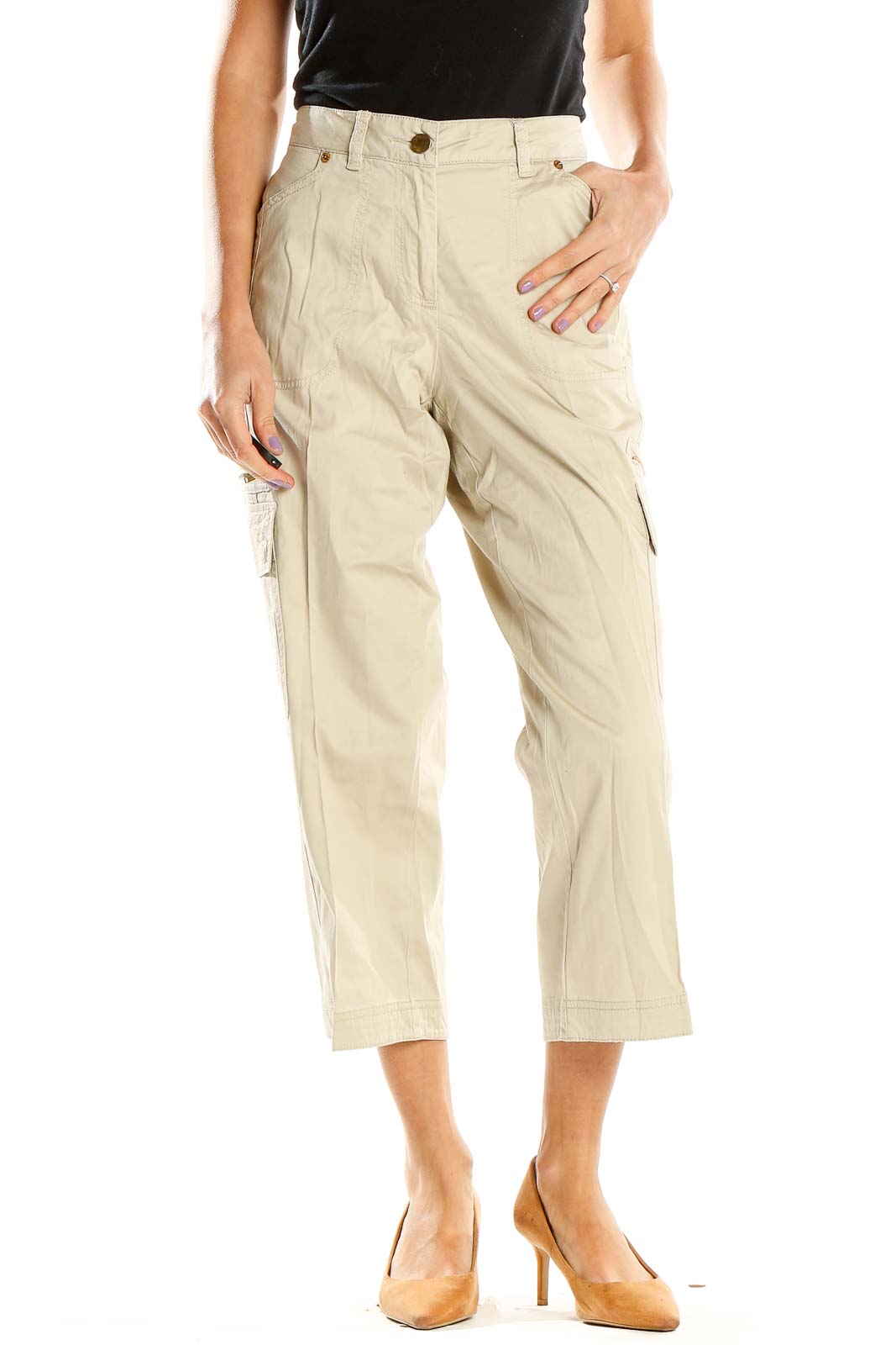 Beige Cropped Casual Cargo Pants Front