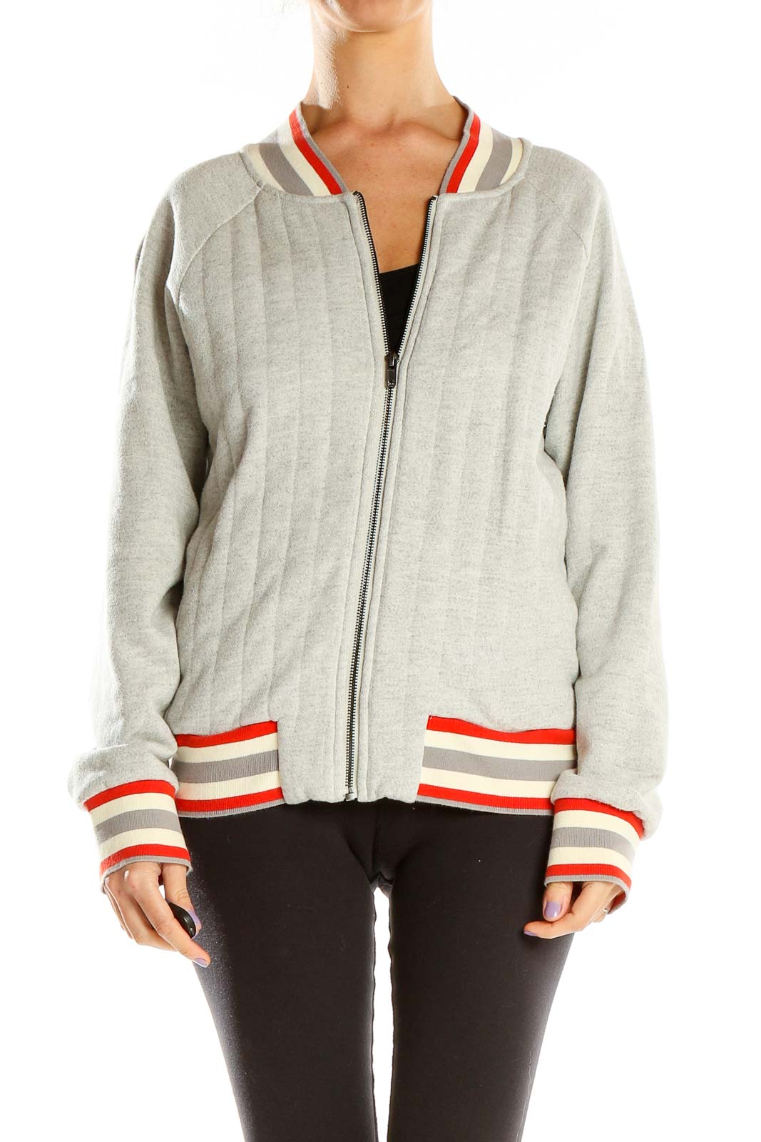 Gray Striped Zip-Up Sweater Front