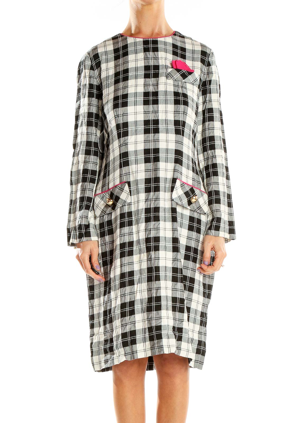 Black And White Vintage Plaid Sheath Dress With Pink Trim Front