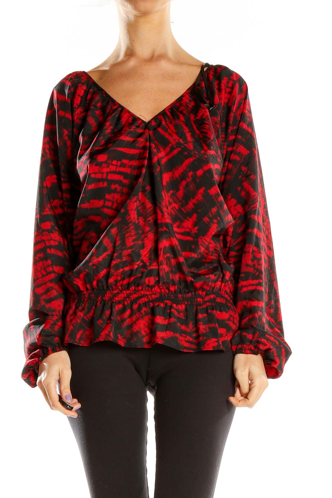 Red Black Printed Blouse Front