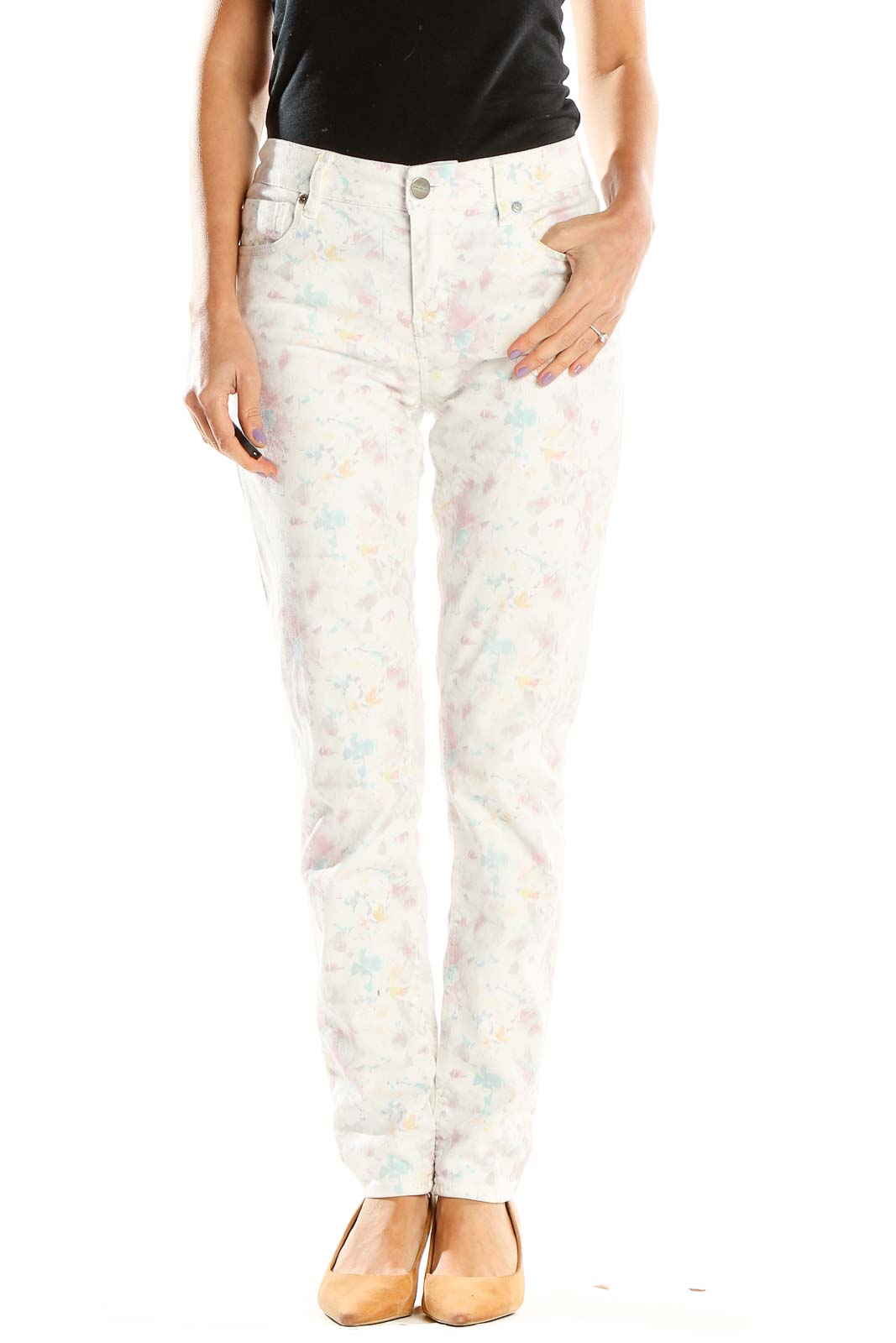 White Pastel Printed Jeans Front