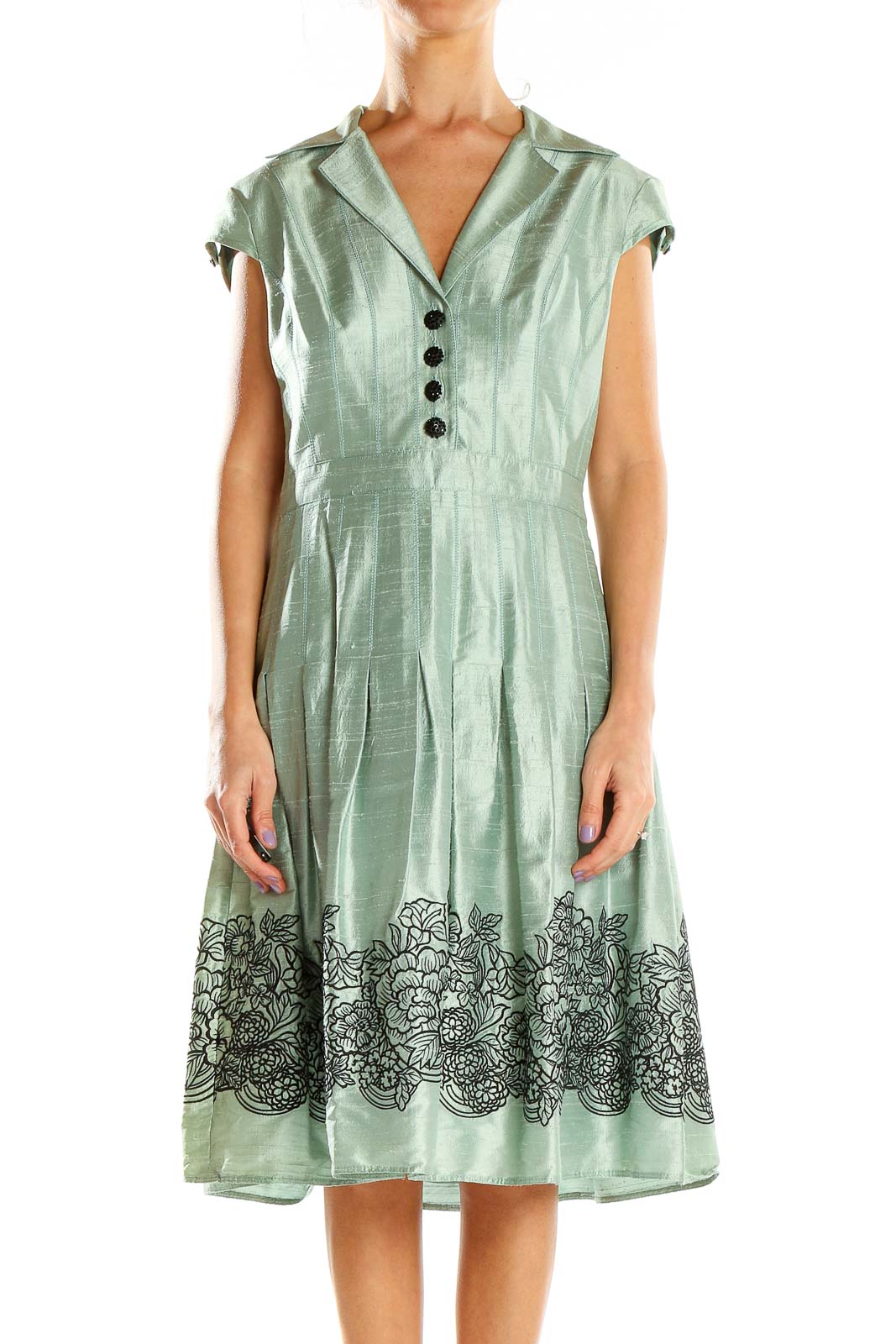 Green Metallic Embroidered Retro Fit & Flare Dress Front