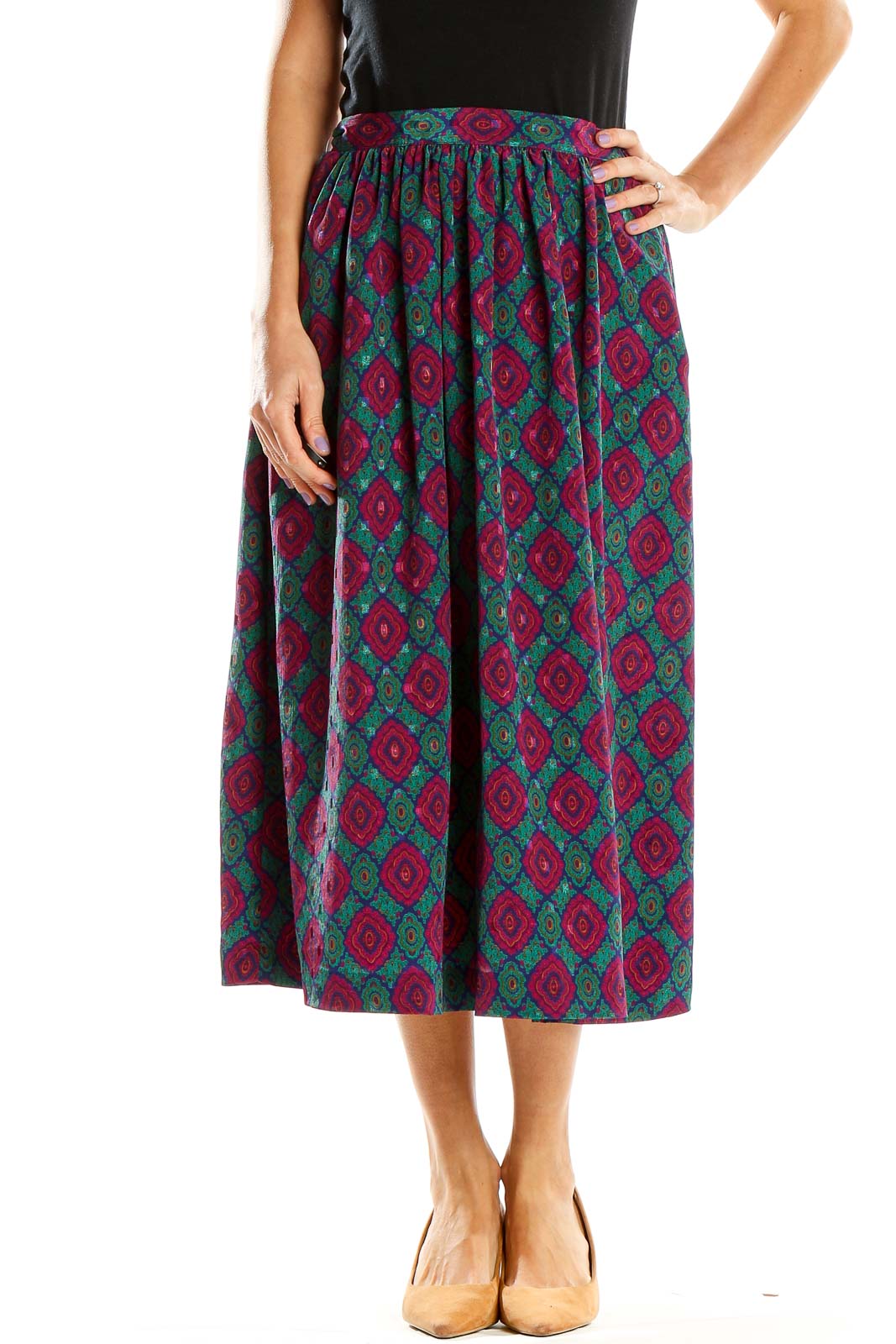 Multicolor Vintage Printed Bohemian Flared Skirt Front