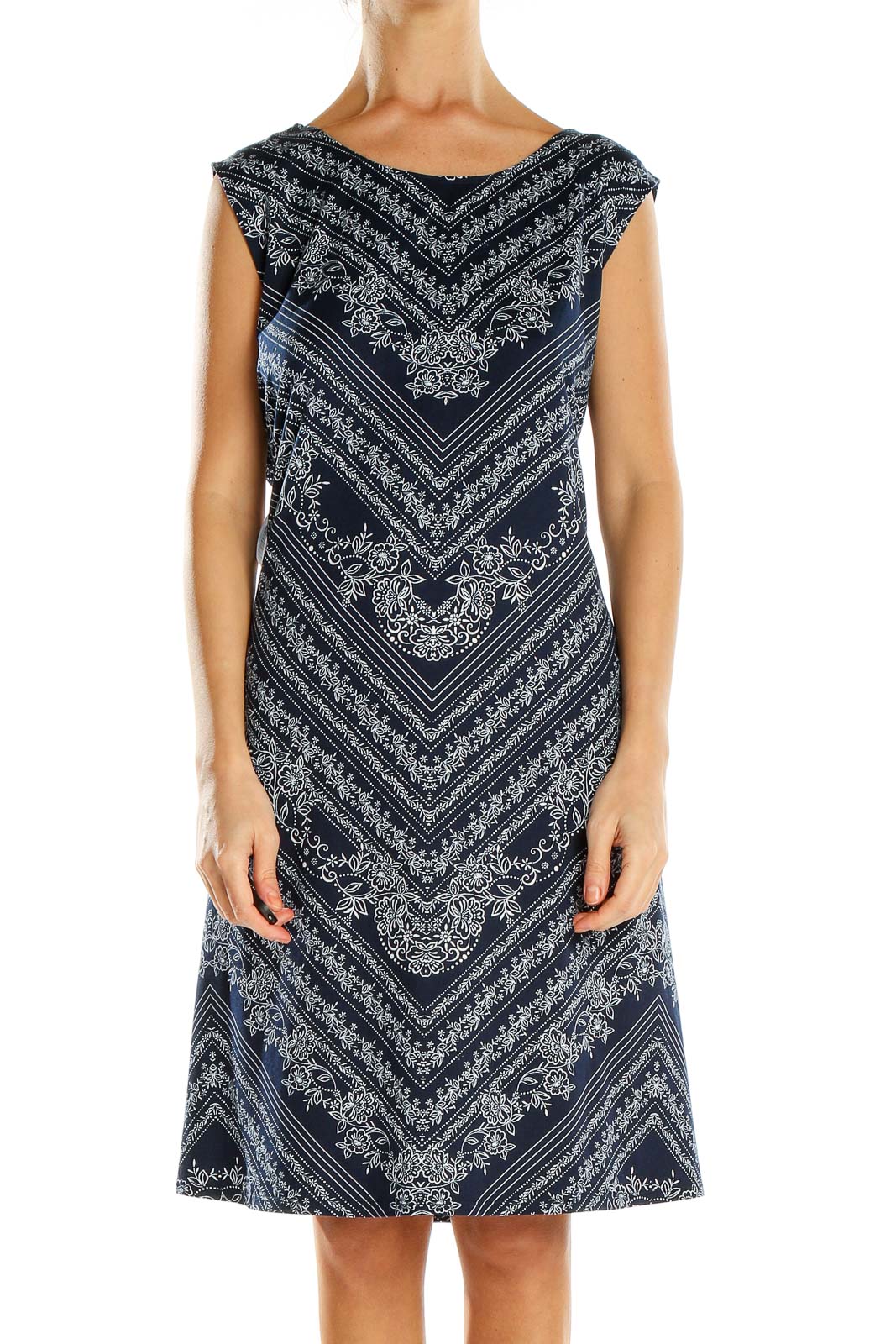 Blue Printed Classic A-Line Dress Front