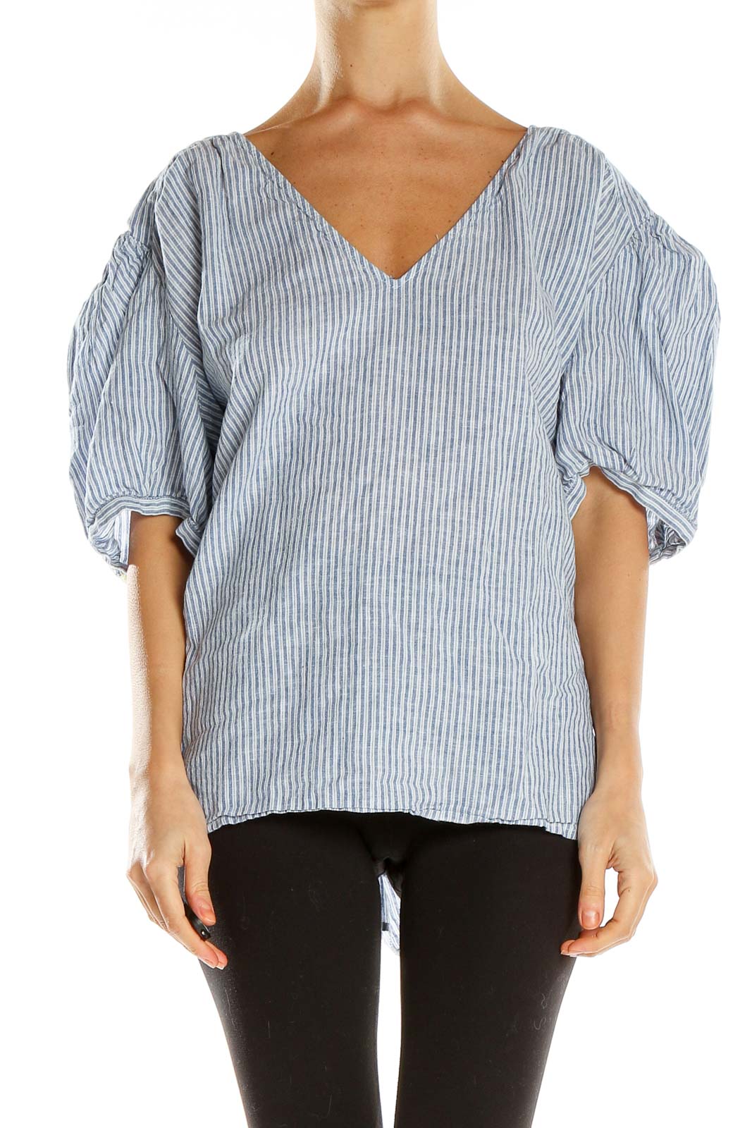 Blue Striped Puff Sleeve Blouse Front