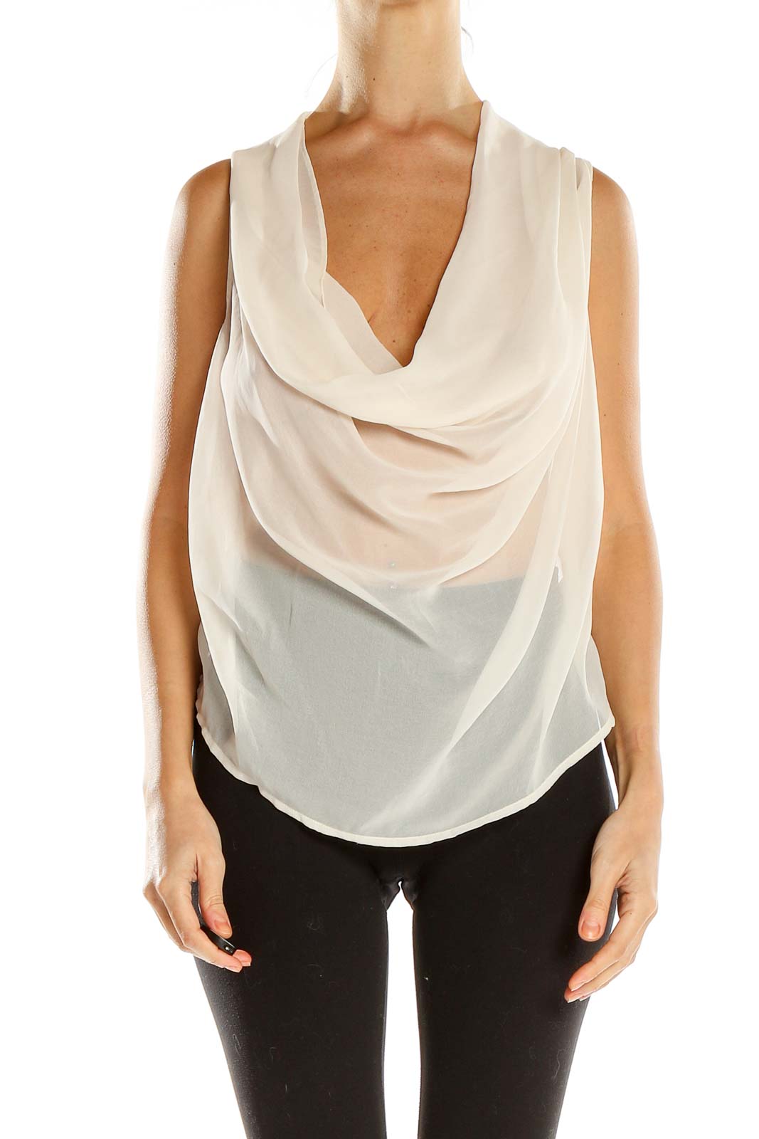White Sheer Cowl Neck Chic Blouse Front