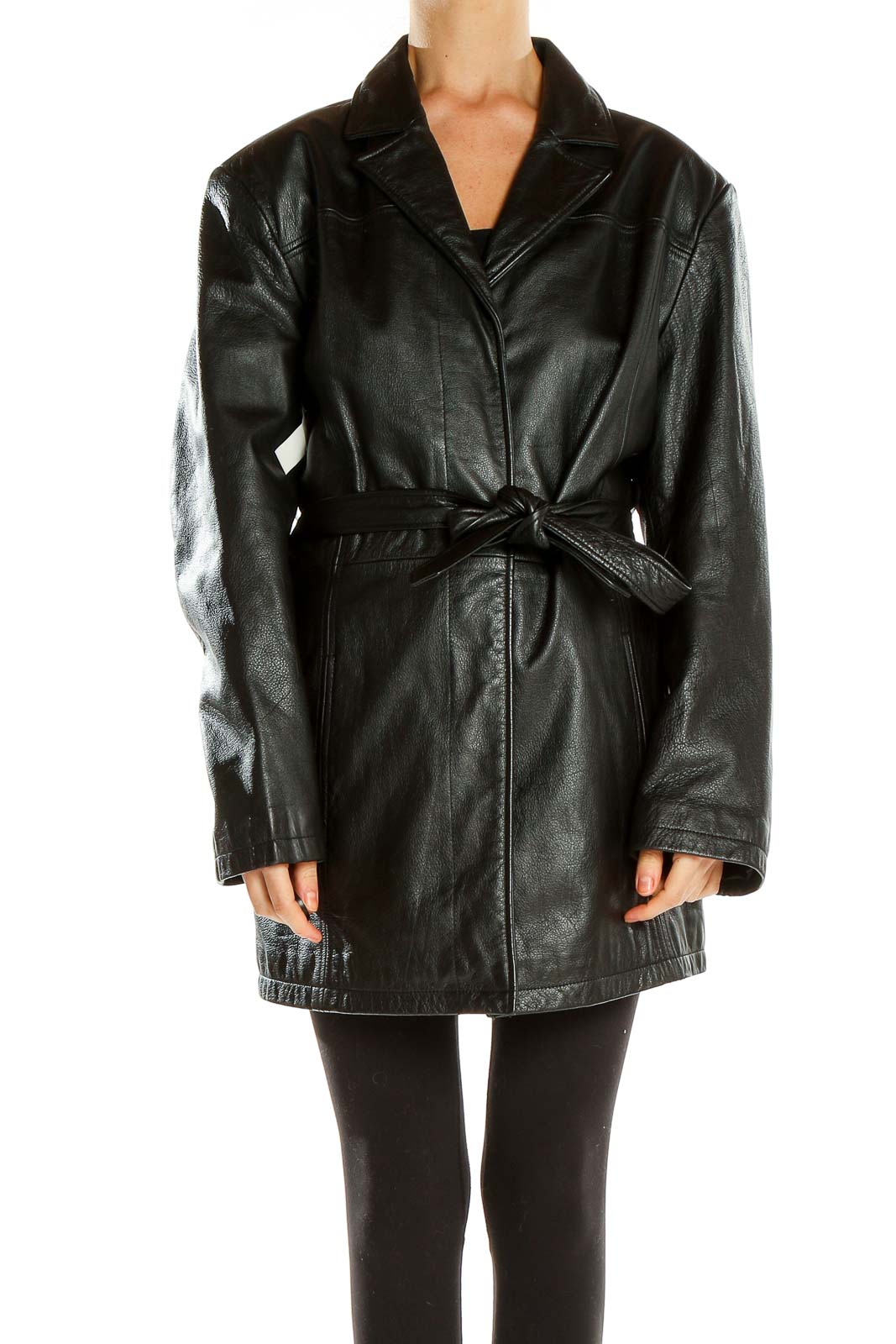 Black Leather Trench Jacket Front