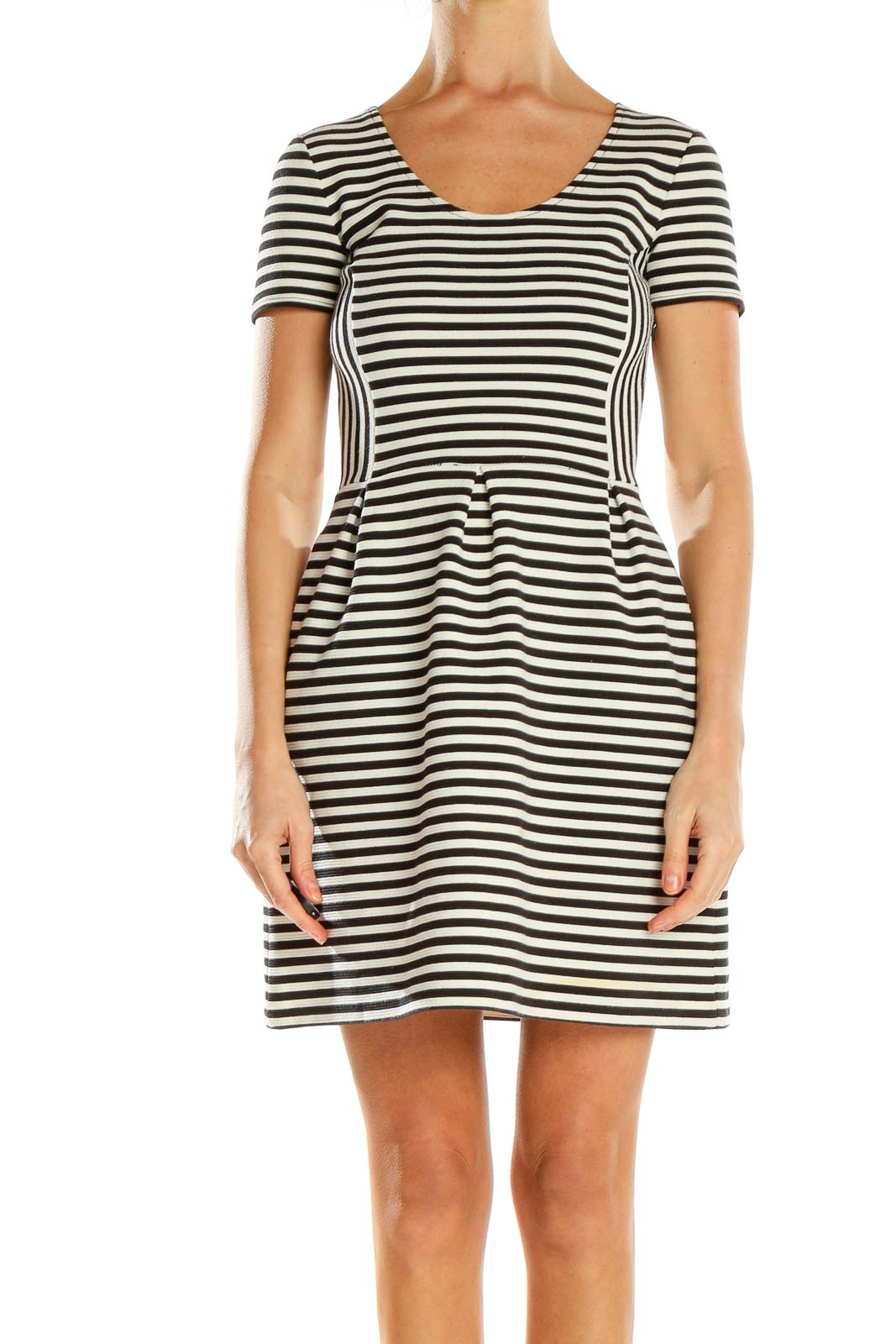White Black Striped Fit & Flare Dress Front