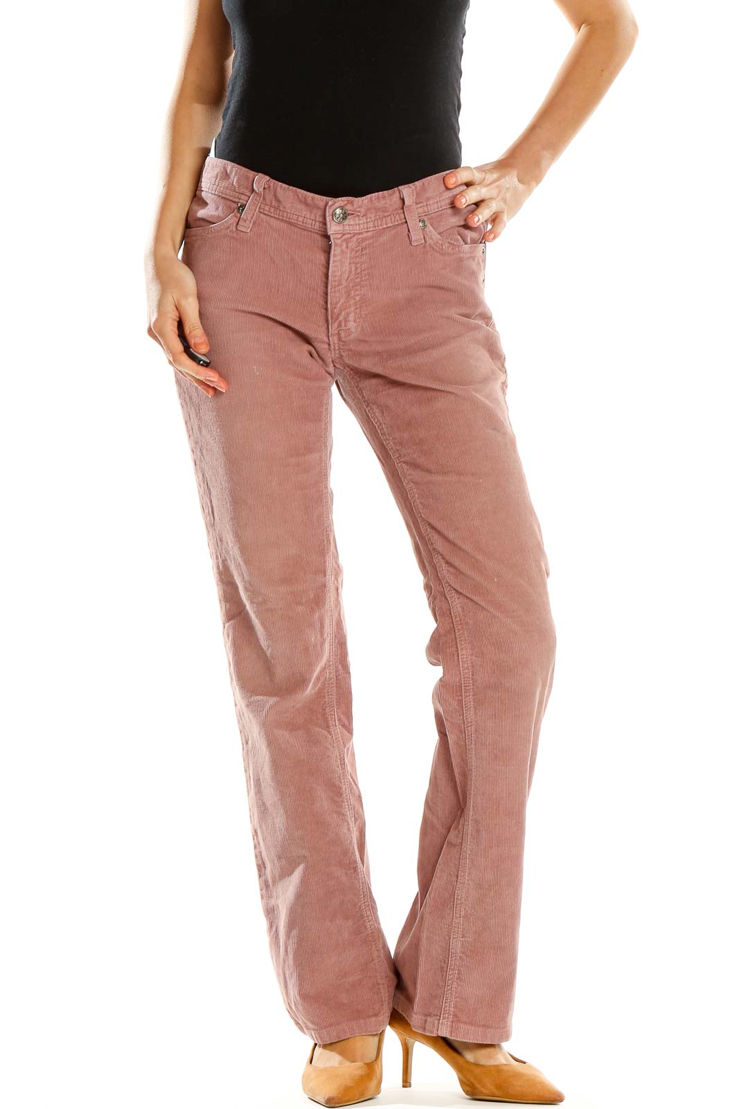 Pink Corduroy Casual Flare Pants Front