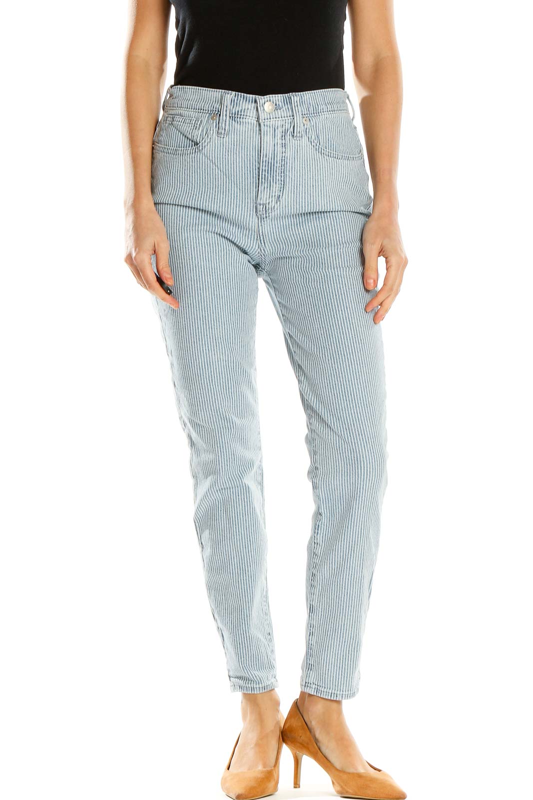 Blue High Waisted Pinstripe Skinny Jeans Front