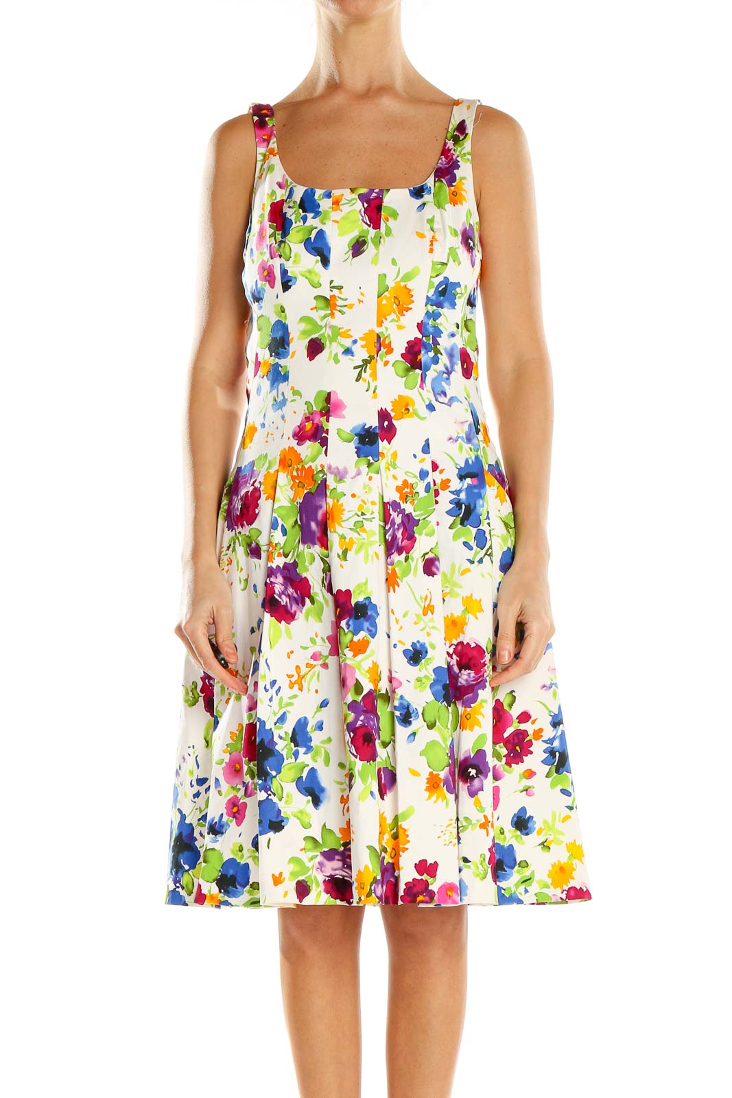 Multicolor Pleated Floral Print Day Dress Front