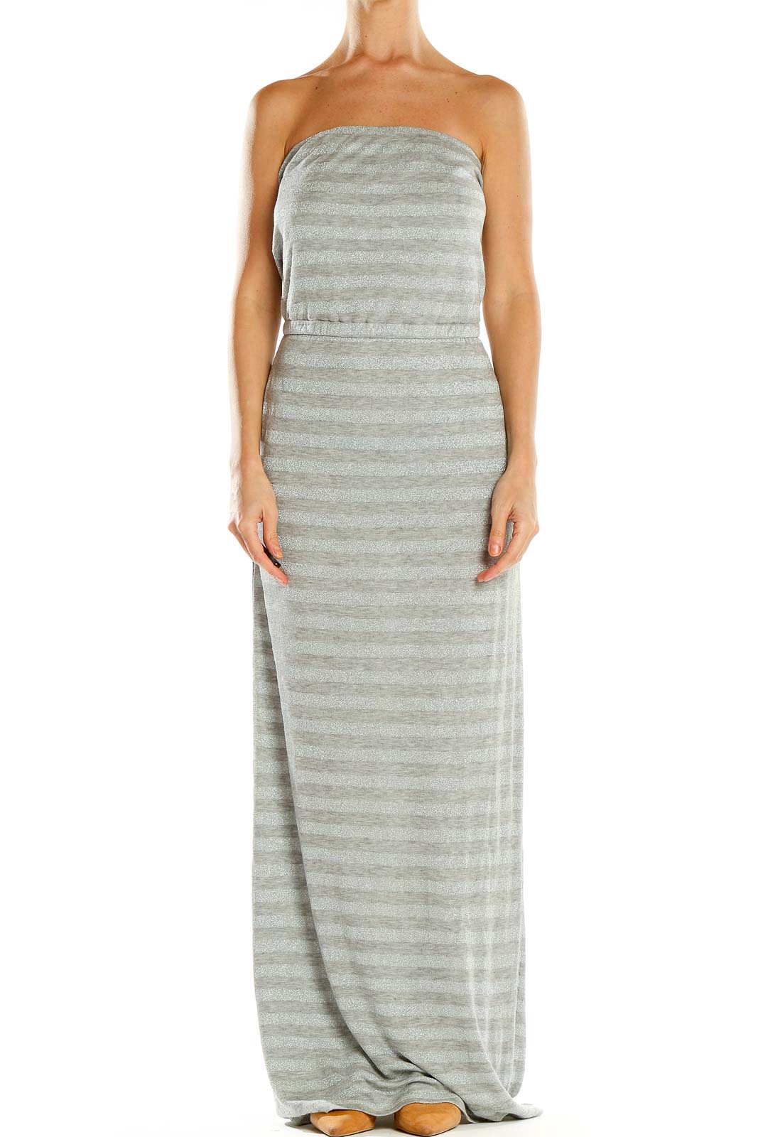 Gray Striped Shimmer Column Dress Front