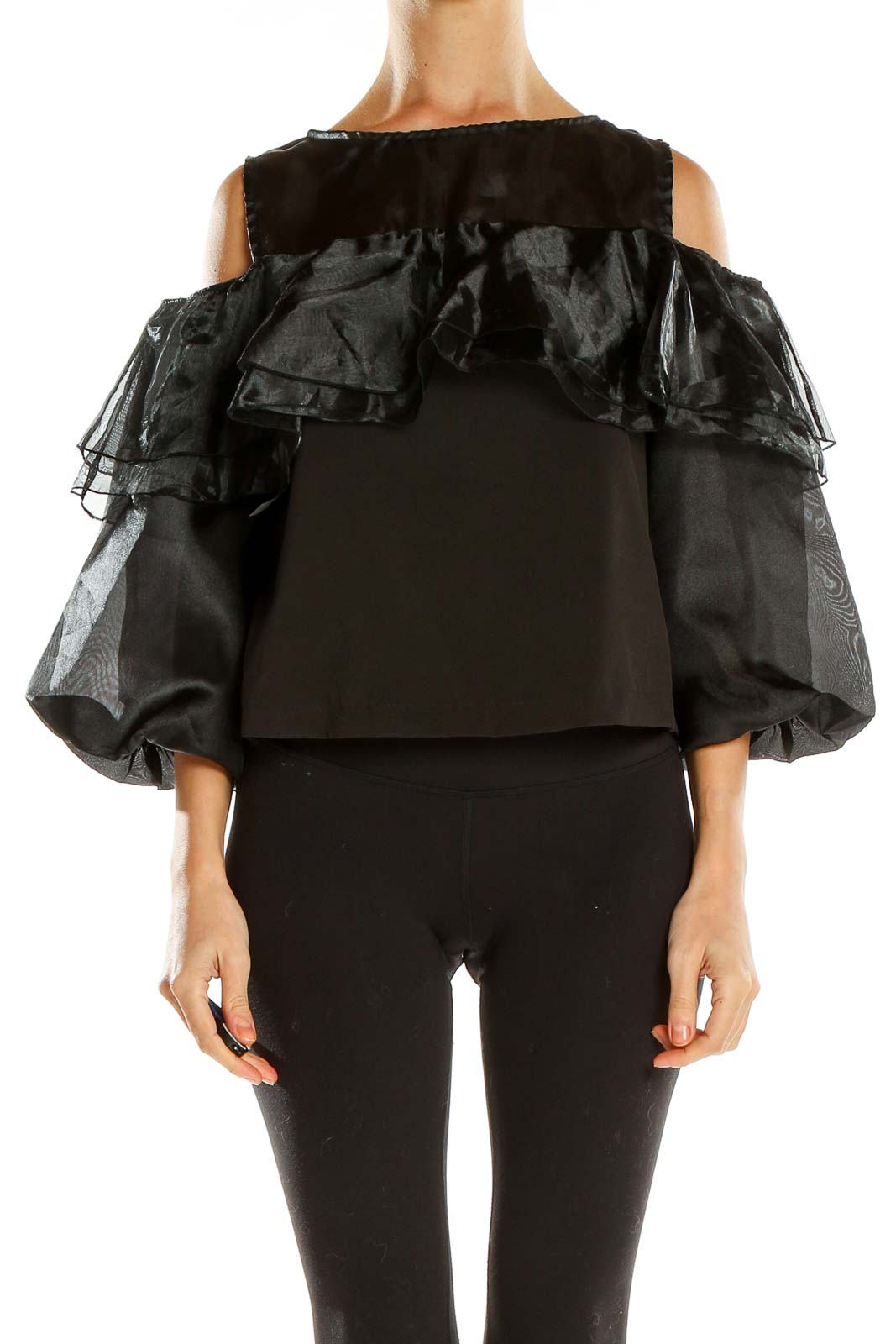 Black Ruffle Party Top Front